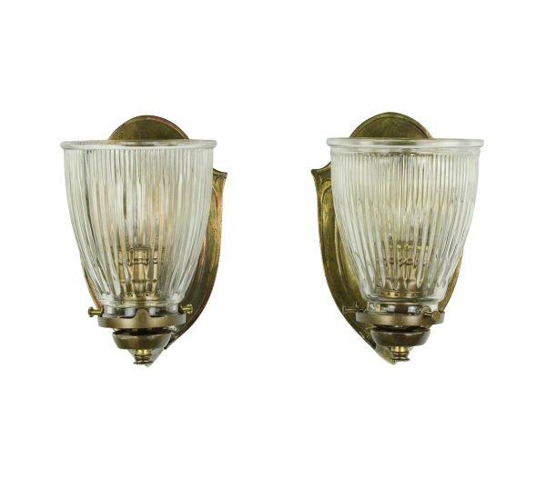 Sconces & Wall Lighting - Pair of Rewired Brass Shield Motif & Glass Wall Sconces