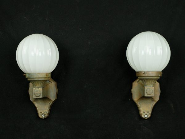 Sconces & Wall Lighting - Pair of Traditional Bronze & White Glass Globe Wall Sconces