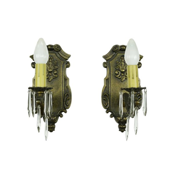 Sconces & Wall Lighting - Pair of Victorian Brass Crystal 1 Arm Wall Sconces