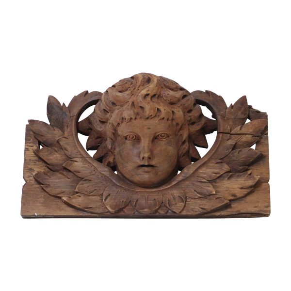 Statues & Sculptures - 19th Century Carved Wood Cherub Face Architectural Pediment