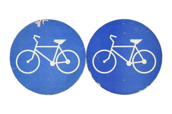 Vintage Signs - Pair of European Round Cardboard Blue & White Bicycle Wall Signs