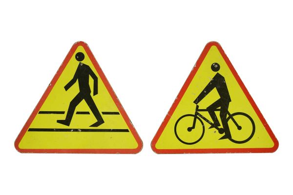 Vintage Signs - Pair of European Round Cardboard Pedestrian & Biking Street Wall Signs