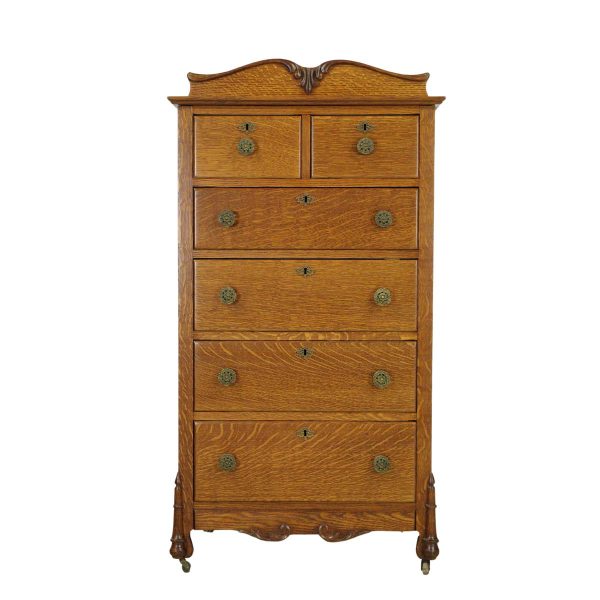 Bedroom - Restored Antique Victorian Oak 6 Drawer High Boy Dresser with Casters