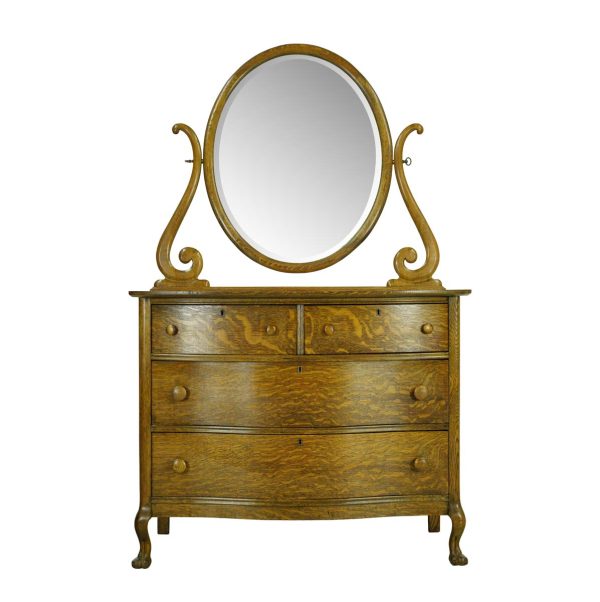 Bedroom - Vintage Tiger Oak 4 Drawer Oval Mirror Bedroom Dresser