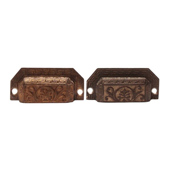 Cabinet & Furniture Pulls - Pair of Antique 3.375 in. Bronze Greek Key Drawer Bin Pulls