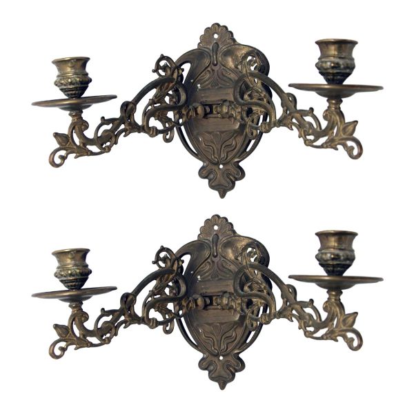 Candle Holders - Pair of Art Nouveau Brass Piano Candle Sconces