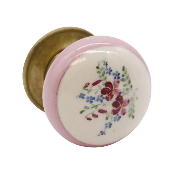 Door Knobs - Vintage Floral Round Pink & White Ceramic Dummy Door Knob Set
