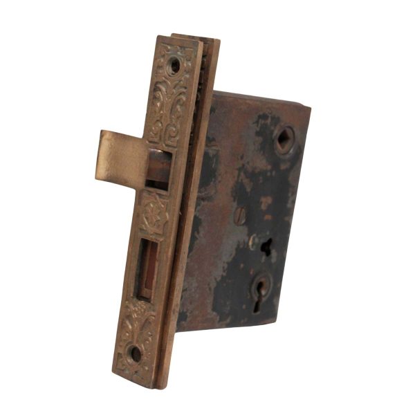 Door Locks - Antique Door Mortise Lock with Ornate Faceplate & Strike Plate