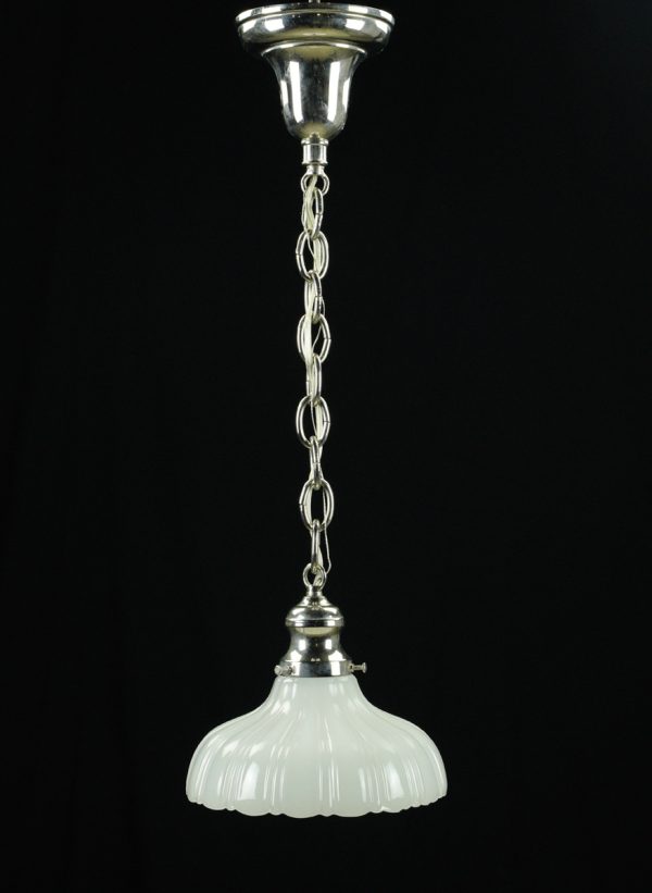 Down Lights - Vintage 8.375 in. Milk Glass Shade Chromed Steel Chain Pendant Light