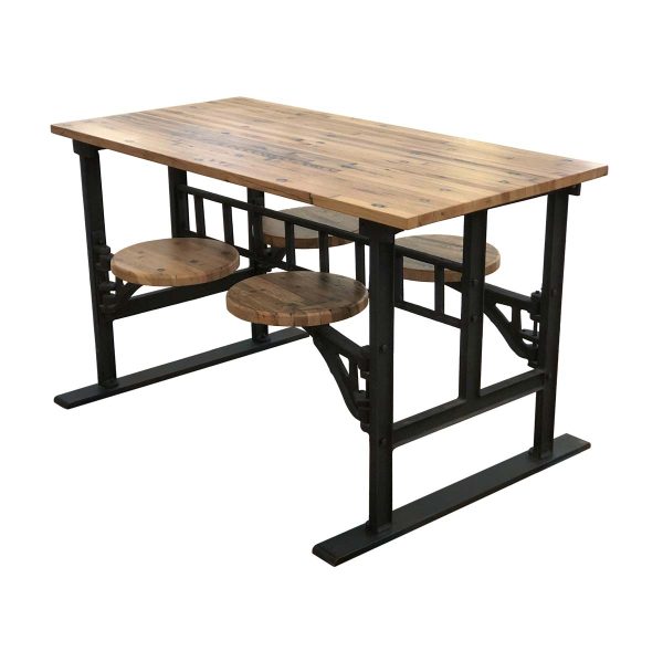 Farm Tables - Oak Industrial Flooring 4 Swing Seat Table with Cast Iron Base