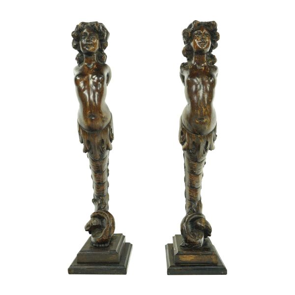 Flooring & Antique Wood - Pair of Hand Carved Pine Mermaids Furniture Support Legs