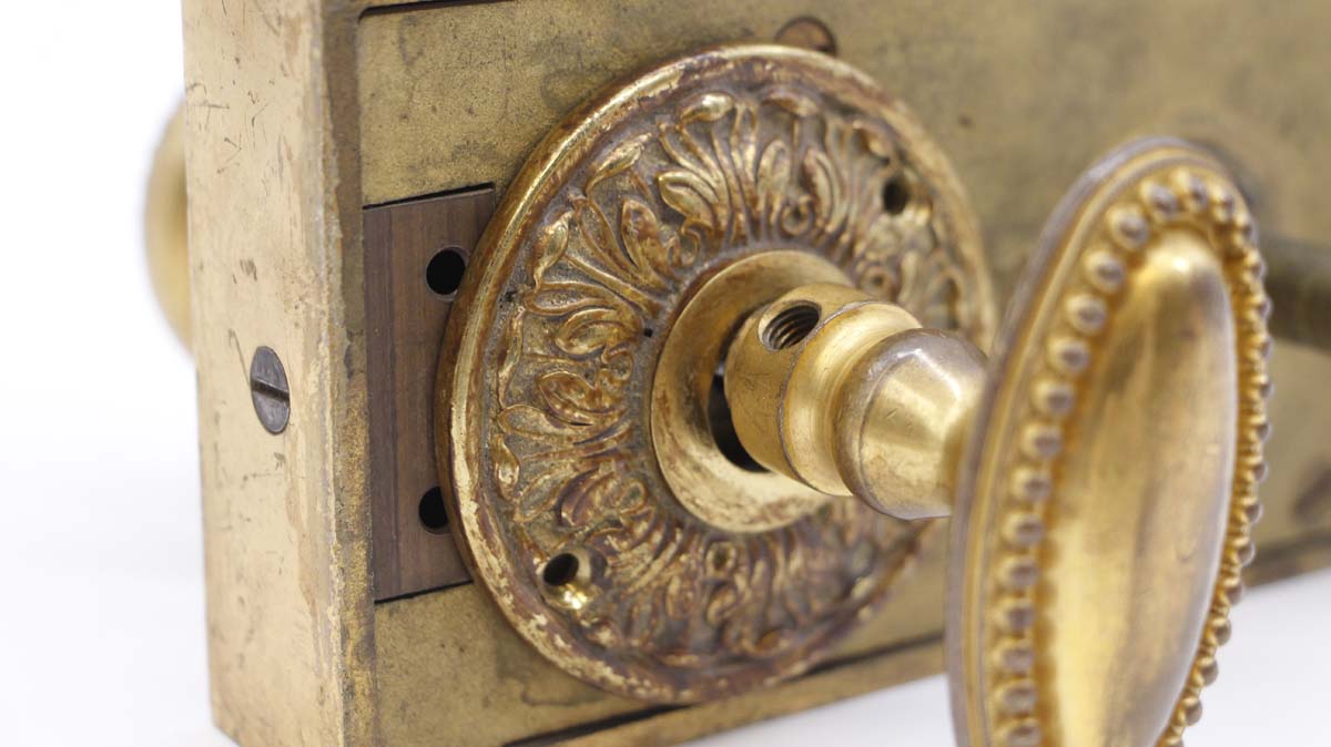 Antique Ornate Solid Brass Russwin Right Door Rim Lock & Knob Set