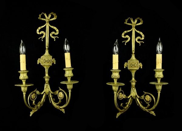 Sconces & Wall Lighting - Pair of French Ribbon Motif 2 Arm Brass Wall Sconces