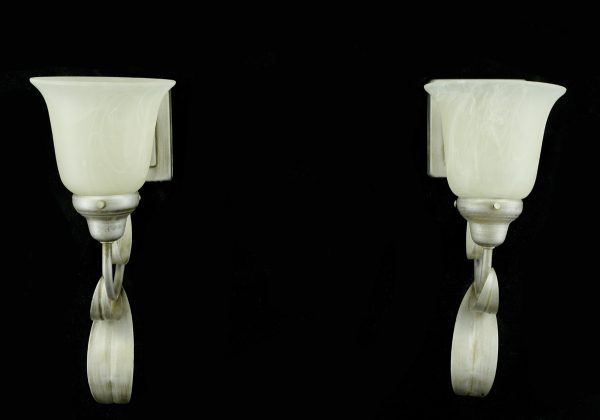 Sconces & Wall Lighting - Pair of Vintage 1 Arm White Alabaster Shades Silver Steel Wall Sconces