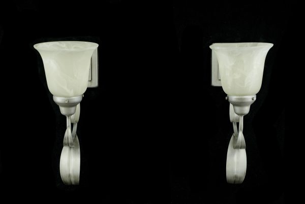 Sconces & Wall Lighting - Pair of Vintage One Arm White Alabaster Shade Silver Steel Wall Sconces