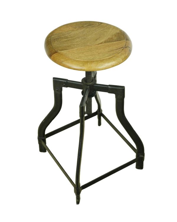 Seating - Industrial Teak Wood & Steel Adjustable Height Bar Stool