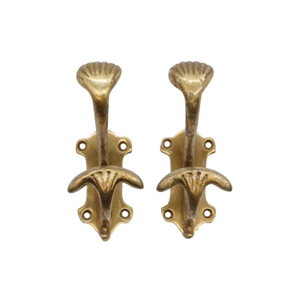 Single Hooks - Pair of Art Deco Solid Brass Double Arm Coat & Hat Wall Hooks