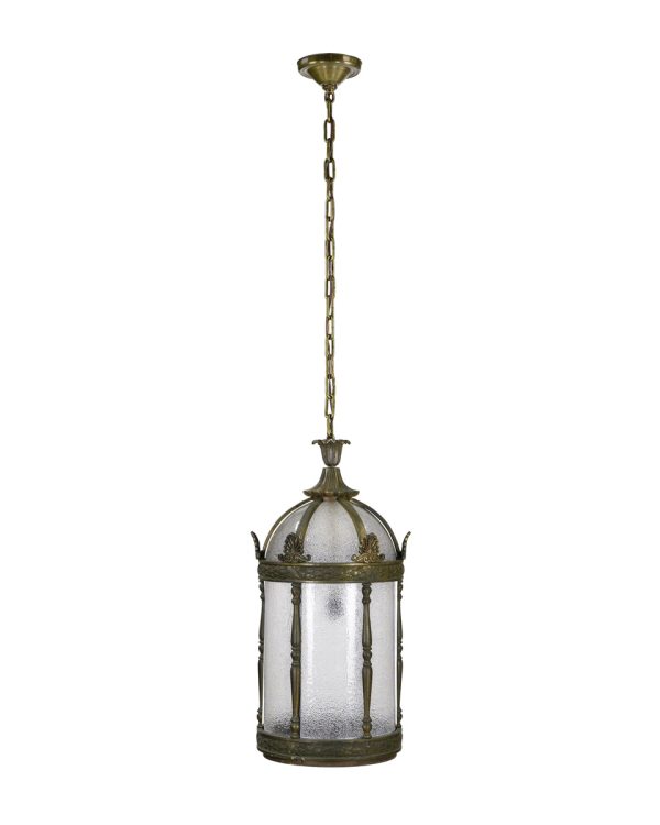 Wall & Ceiling Lanterns - Restored Antique Bronze & Textured Glass Cylindrical Hanging Lantern