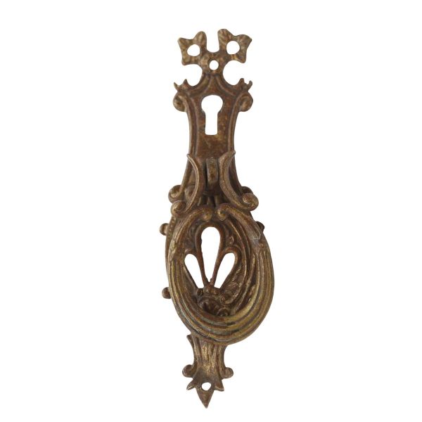 Cabinet & Furniture Pulls - Ornate Brass Keyhole Ring Furniture Pull Latch with Spindle