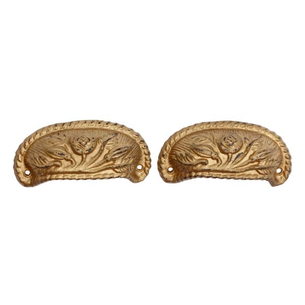 Cabinet & Furniture Pulls - Pair of Antique 4 in. Gilded Cast Iron Floral Bin Pulls
