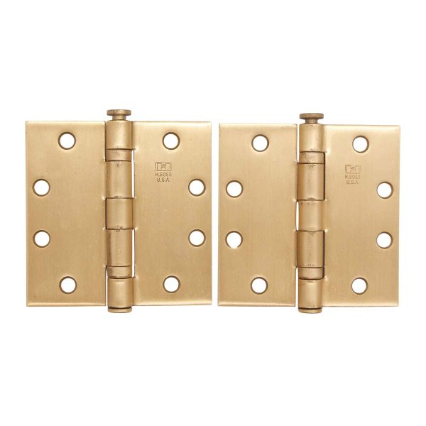 Door Hinges - Pair of 4.5 x 4.5 Ball Bearing Brushed Brass Butt Door Hinges