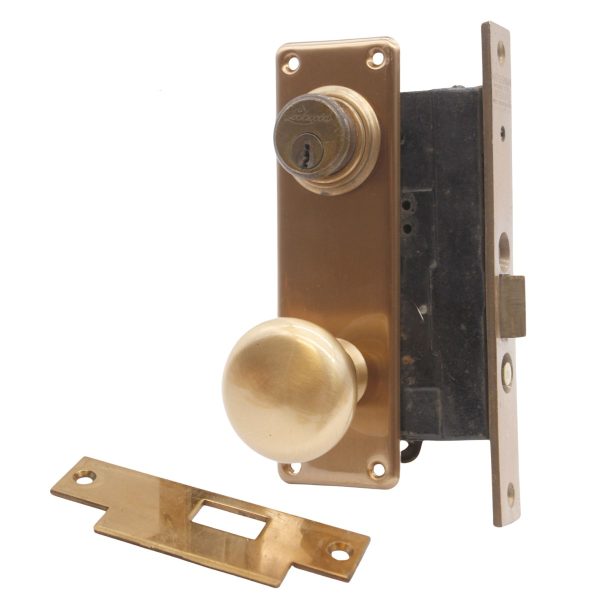 Door Knob Sets - Vintage Complete Plain Brushed Brass Entry Door Knob Set