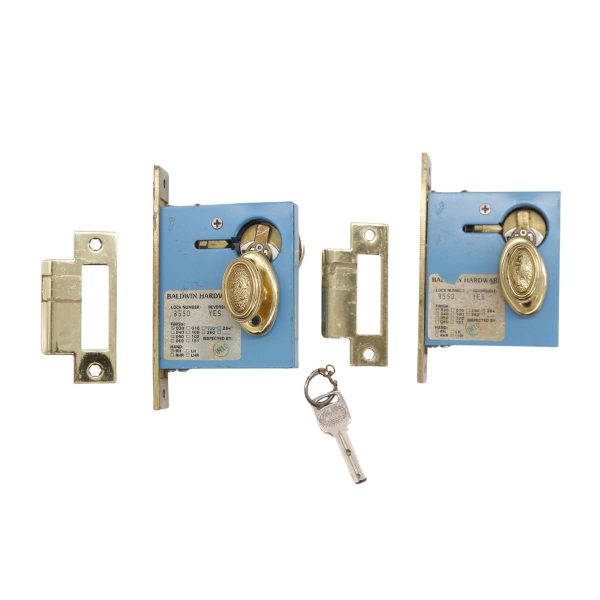 Door Locks - Pair of Polished Brass Entry Baldwin Mortise Locks with One Key