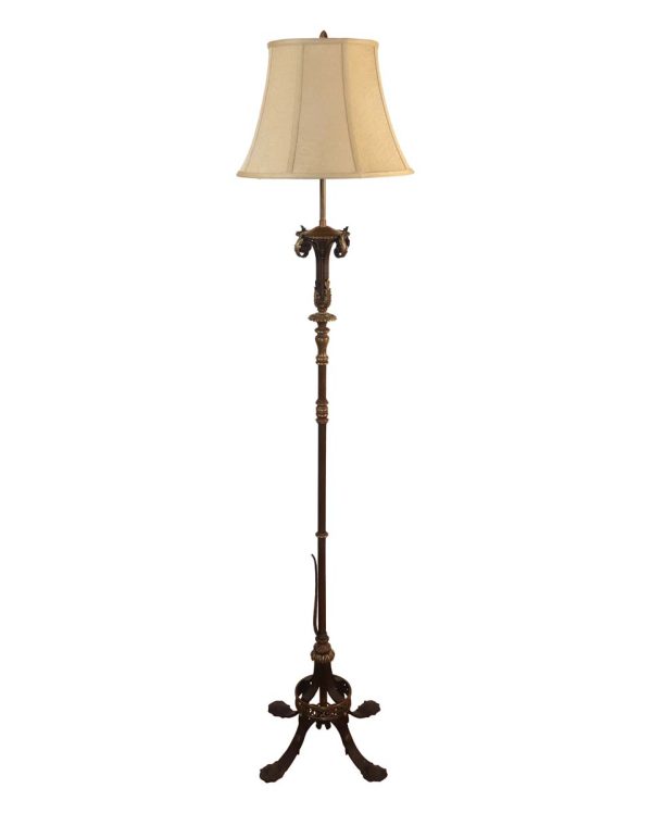 Floor Lamps - Antique Restored Cast Hammered Brass Floor Lamp with Wrought Iron Base