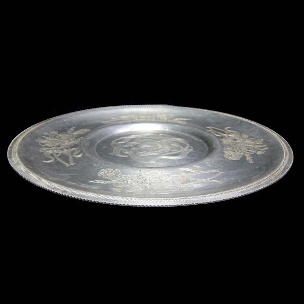 Kitchen - 1950s Hand Wrought 20 in. Aluminum Etched Floral Platter