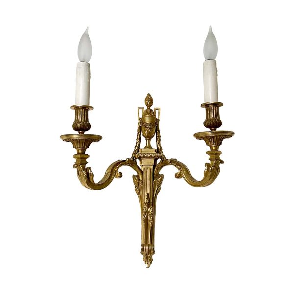 Sconces & Wall Lighting - French Gilded Bronze Urn & Wreath Double Arm Wall Sconce