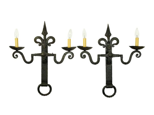 Sconces & Wall Lighting - Pair of French Double Arm Antique European Wrought Iron Sconces