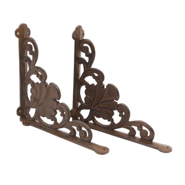 Shelf & Sign Brackets - Pair of Antique Black Cast Iron Foliate Shelf Brackets