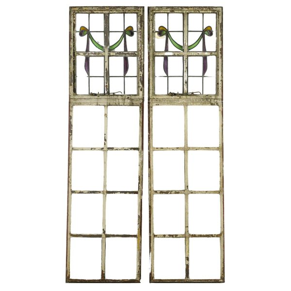 Stained Glass - Pair of Steel Frame Leaded Ribbon Motif Stained Glass Windows