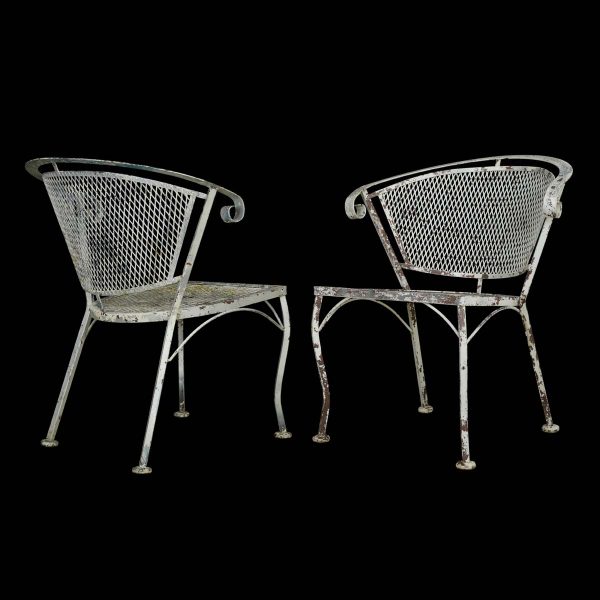 Patio Furniture - Pair of Vintage Mesh Back White Wrought Iron Patio Chairs