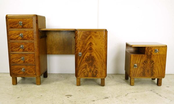 Bedroom - French Art Deco Flamed Maple Vanity & Night Stand Bedroom Set