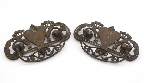 Cabinet & Furniture Pulls - Pair of Vintage 5.75 in. Dark Brass Patina Heart Dresser Pulls
