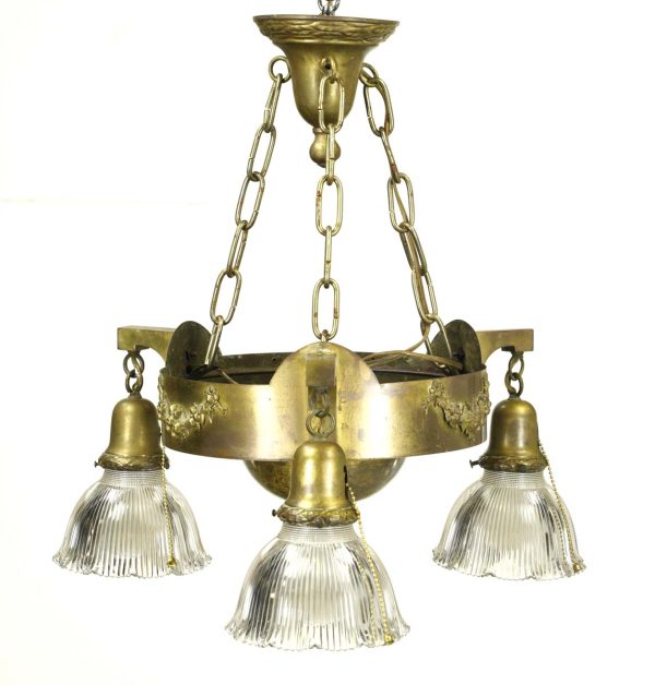 Chandeliers - Victorian Ruffled Holophane Glass Shades Brass Chandelier