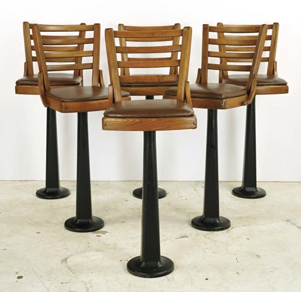 Seating - Set of 6 Commercial Cast Iron & Oak Swivel Bar Stools