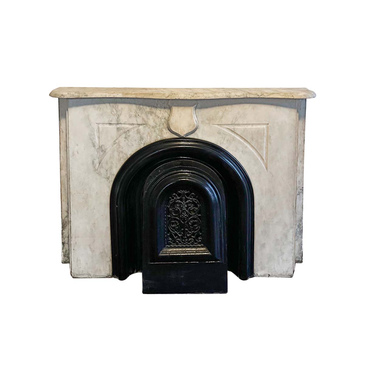 Marble Mantel - 1881 Simple Arched Gray & White Marble Mantel