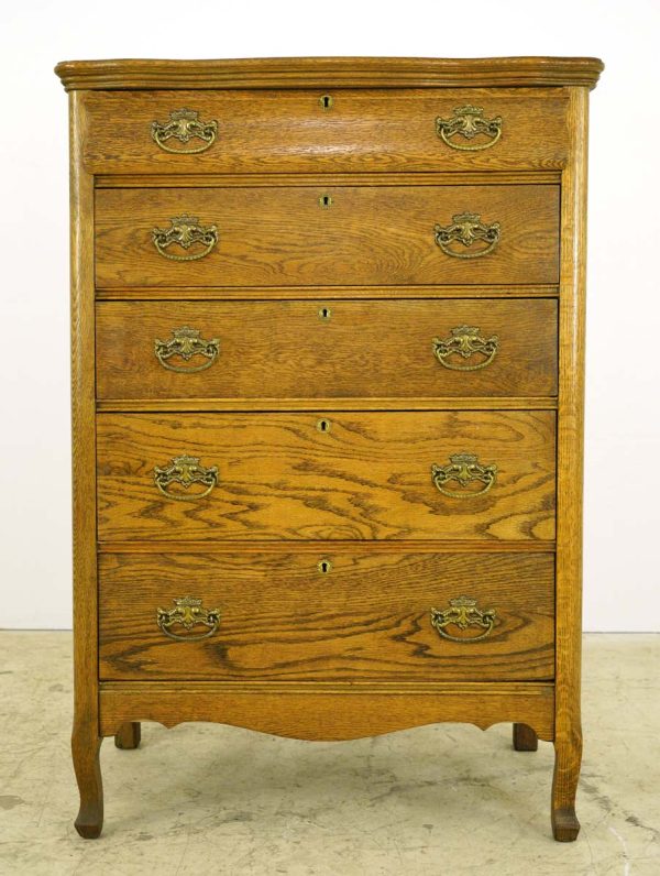 Bedroom - Vintage Oak 5 Drawer Highboy Bedroom Dresser