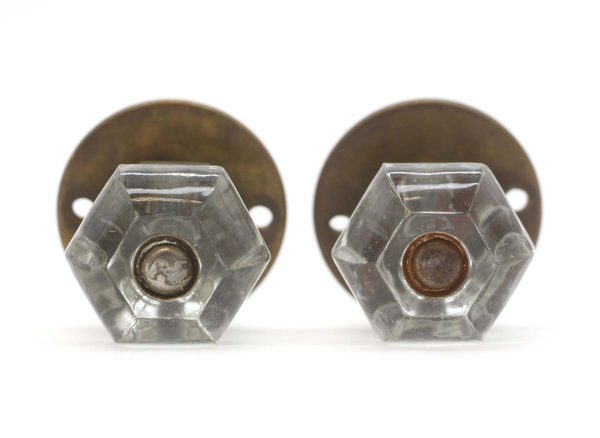 Cabinet & Furniture Knobs - Pair of Vintage Hexagon Clear Glass Cabinet Catch Knobs