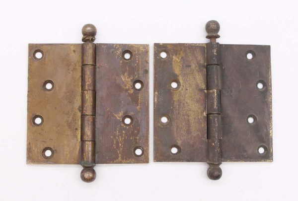 Door Hinges - Pair of 4.5 x 4.5 Ball Tip Patina Brass Butt Door Hinges