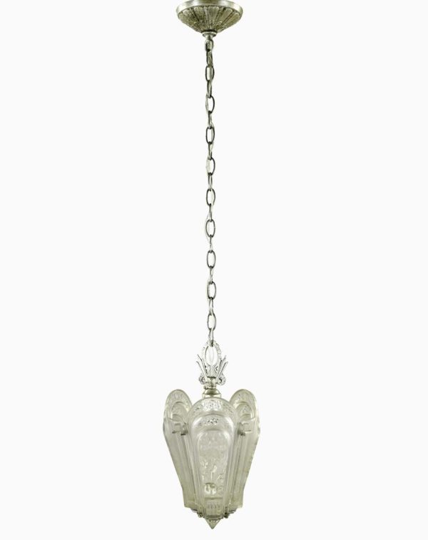 Down Lights - Art Deco Frosted Glass Brushed Nickel Chain Pendant Light