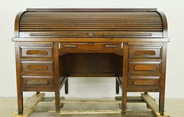 Office Furniture - 1900s Antique Oak Standard Furniture Roll Top Bankers Desk