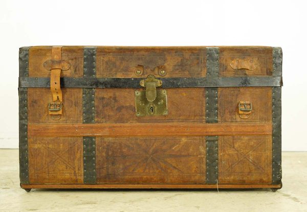 Trunks - Antique Leather Bound Wheeled Steamer Trunk