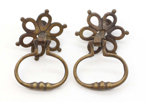 Cabinet & Furniture Knobs - Pair of Traditional Vintage 2 in. Brass Floral Ring Drawer Pulls