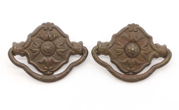 Cabinet & Furniture Pulls - Pair of Vintage 2.5 in. Victorian Pressed Steel Floral Drawer Pulls