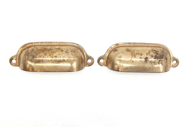 Cabinet & Furniture Pulls - Pair of Vintage 3.5 in. Brass Plated Steel Drawer Cup Pulls