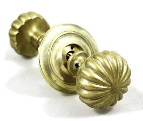 Door Knob Sets - Vintage Cast Brass Round Fluted Entry Door Knob Set