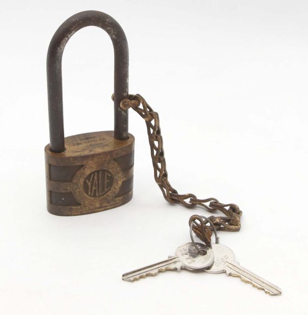 Locks - Antique Yale & Towne Brass Large Entry Dual Shackle Padlock with Chain